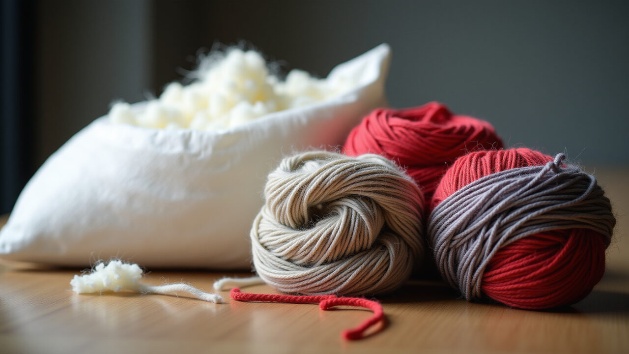 Large bag of fiberfill next to smaller bags of yarn scraps. Professional photography, 8K quality, Comparativo de preço: enchimento de fibra siliconada vs. sobras de fios.