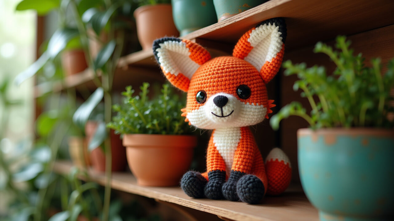 Amigurumi de raposa grande decorando uma estante.