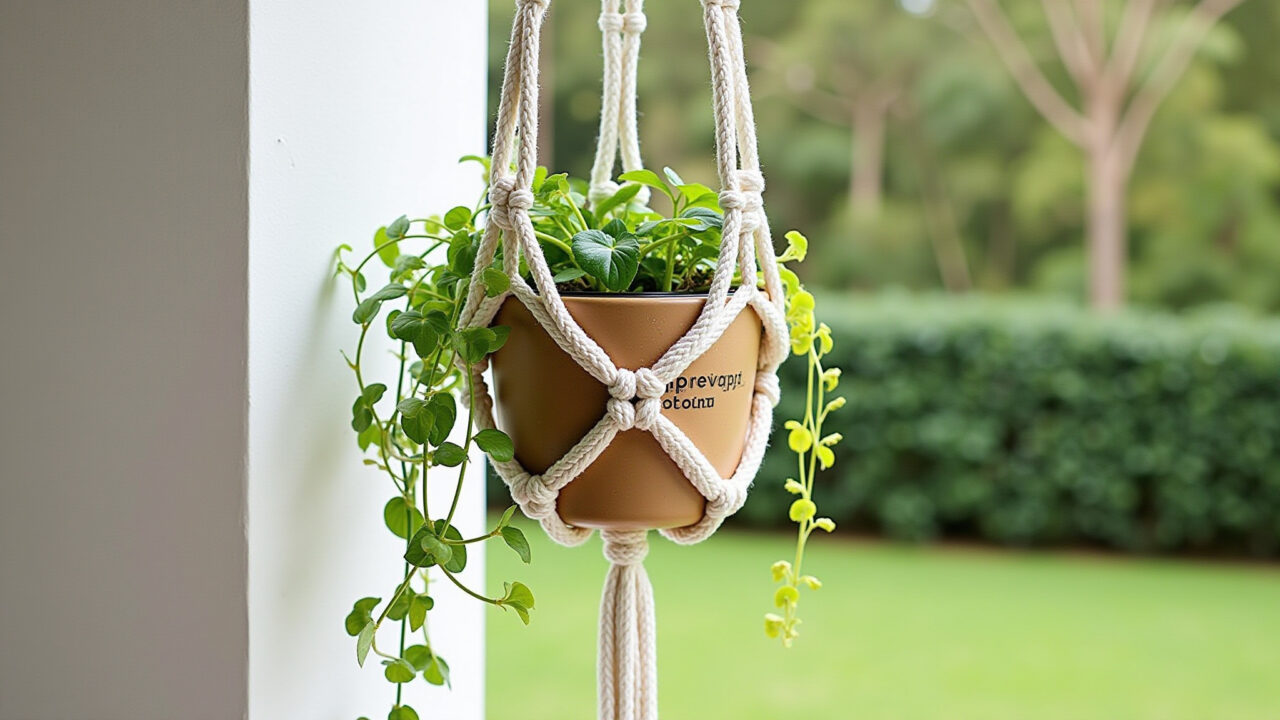 Suporte de planta macramê grande para áreas externas com hera.