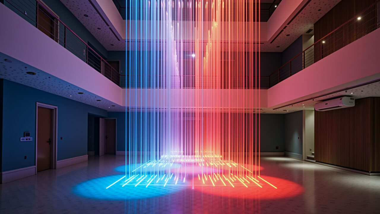 LED chandelier, changing colors, modern design, double height space, efficient lighting, 8K, Lustre com tecnologia LED que muda de cor.
