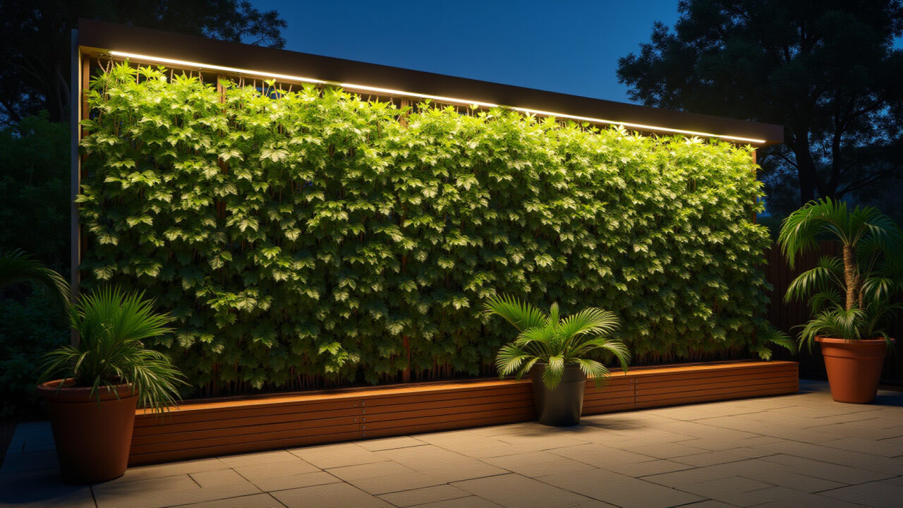 LED lighting enhancing a double-height vertical garden at night, creating a cozy atmosphere, Iluminação LED valorizando jardim vertical de pé direito duplo à noite.