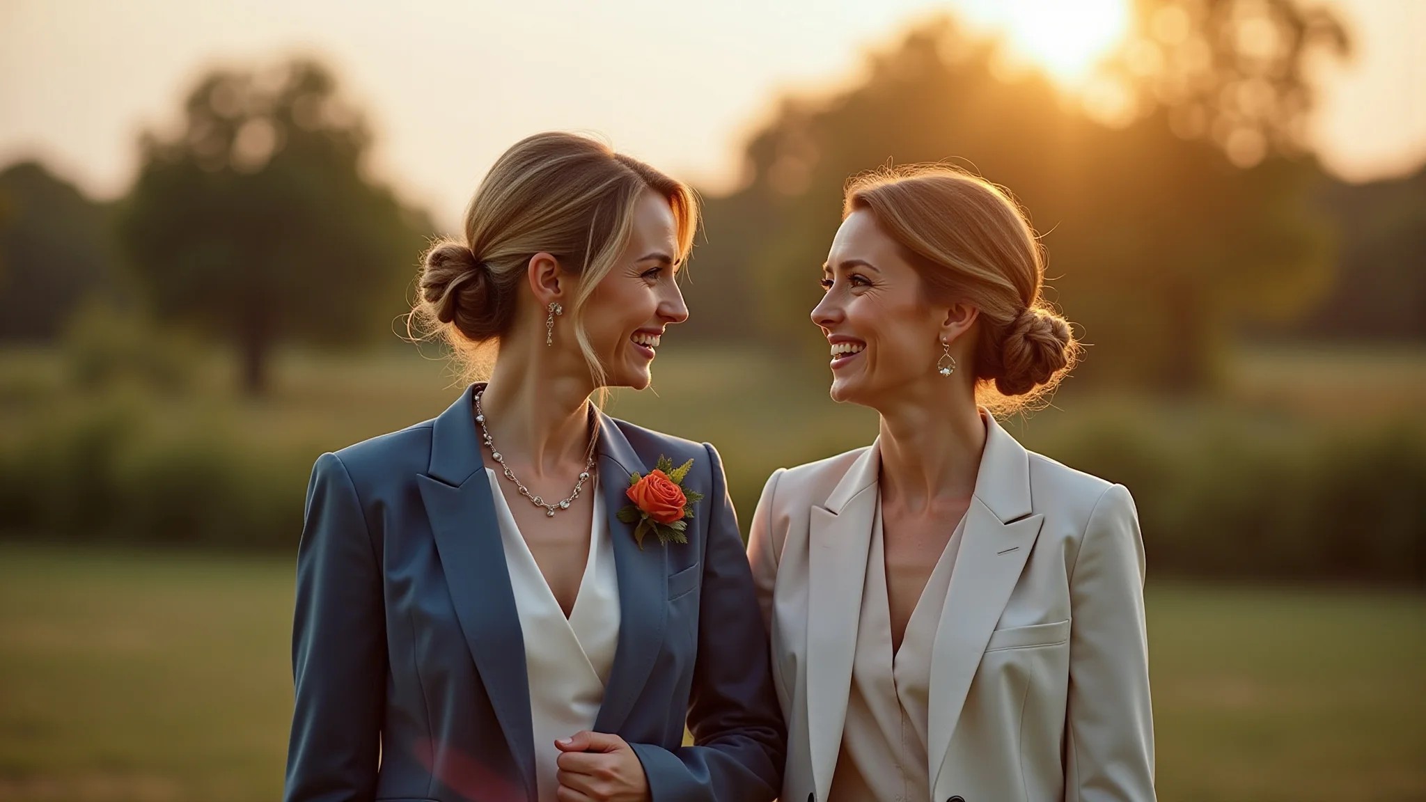 Casal LGBTQIA+, duas mulheres de terno elegante em casamento civil, apaixonadas.