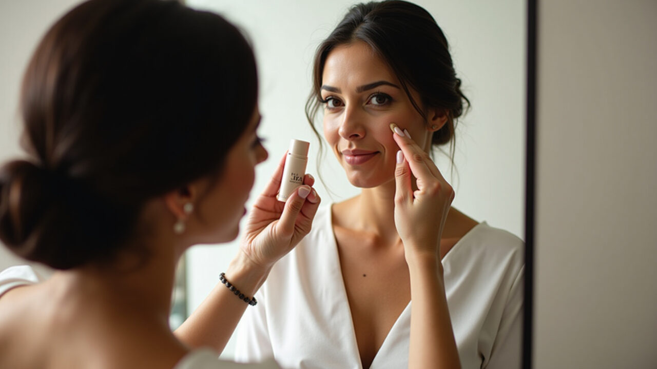 Lifestyle photography, 8K: Brazilian woman applying light foundation, natural lighting, soft focus, Mulher brasileira aplicando base leve para maquiagem de casamento simples.