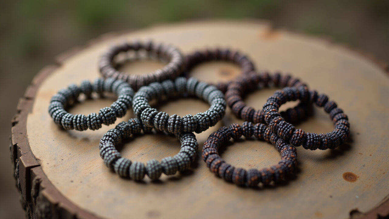 Lifestyle photography, a collection of modern beaded bracelets displayed on a rustic wooden Coleção de pulseiras de miçanga modernas em madeira rústica.