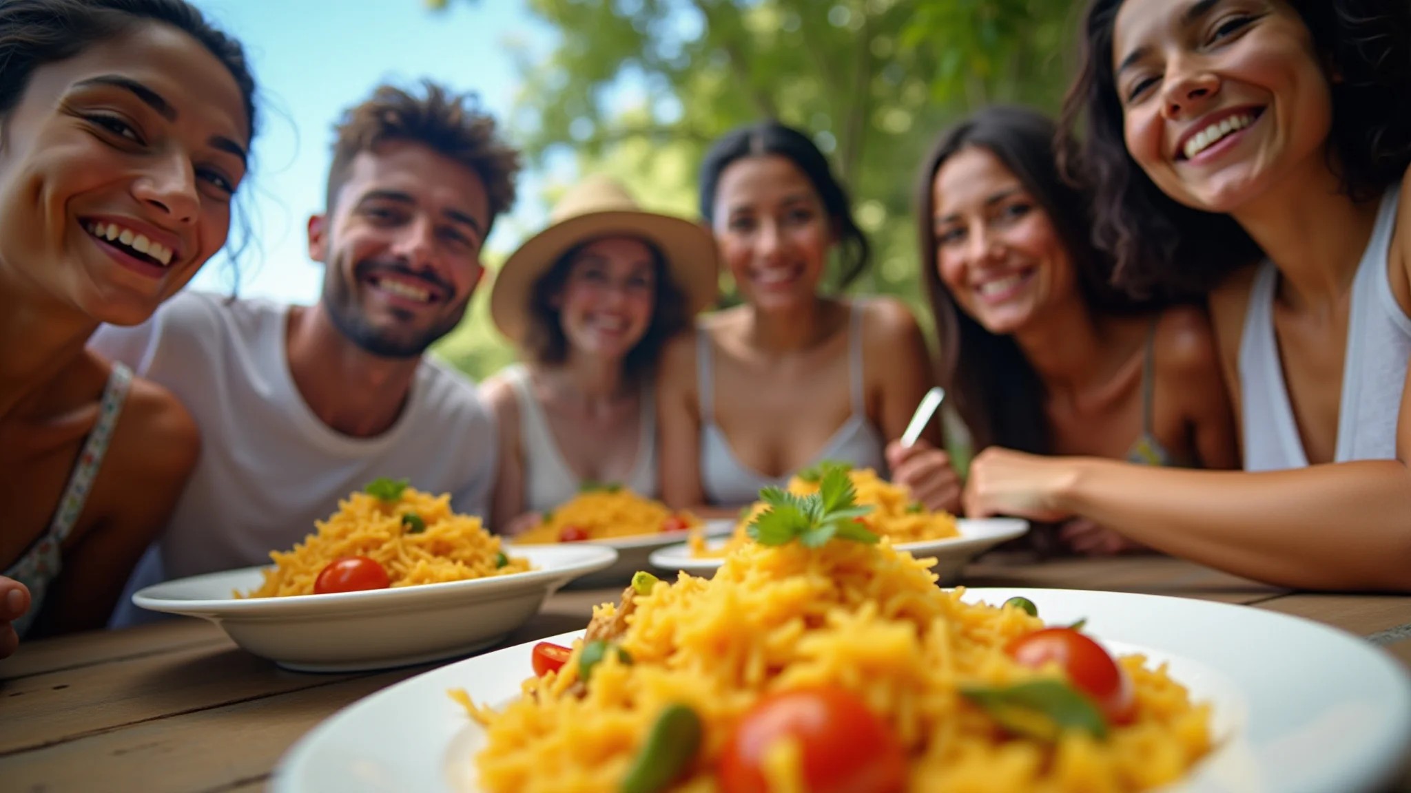 Grupo diverso de brasileiros saboreando arroz à grega ao ar livre em um dia ensolarado.