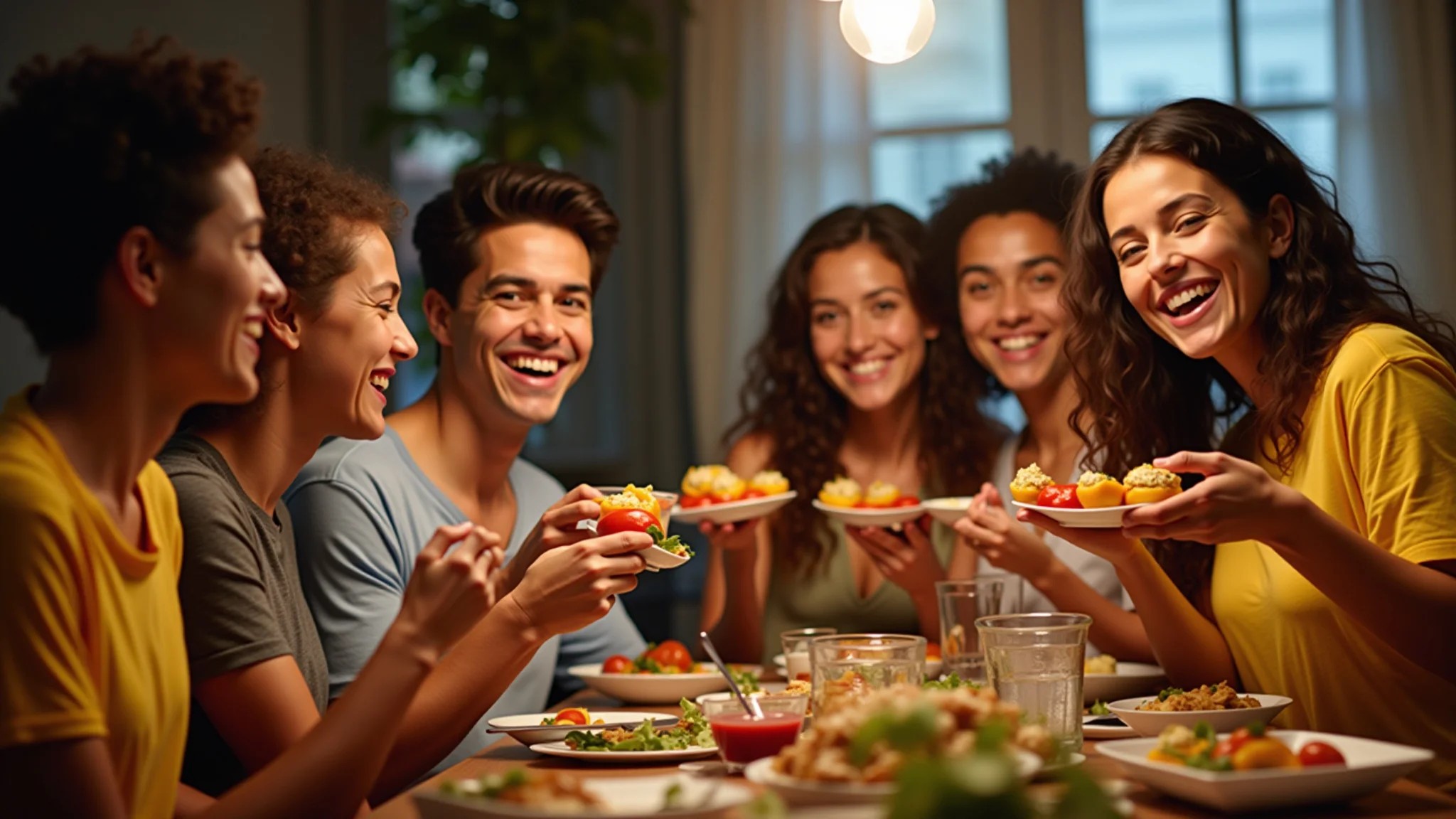 Amigos saboreando pimentões recheados em um jantar descontraído.