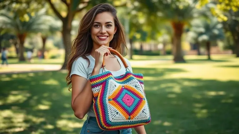 Mulher estilosa segurando bolsa de crochê colorida com alça de madeira em parque ensolarado.