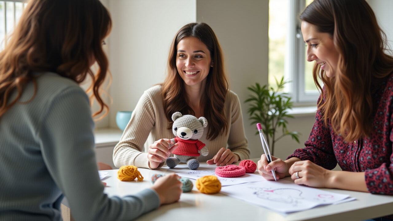 Lifestyle photography, artist discussing custom amigurumi with client, sketches, yarn samples, Artista discutindo amigurumi personalizado com cliente.