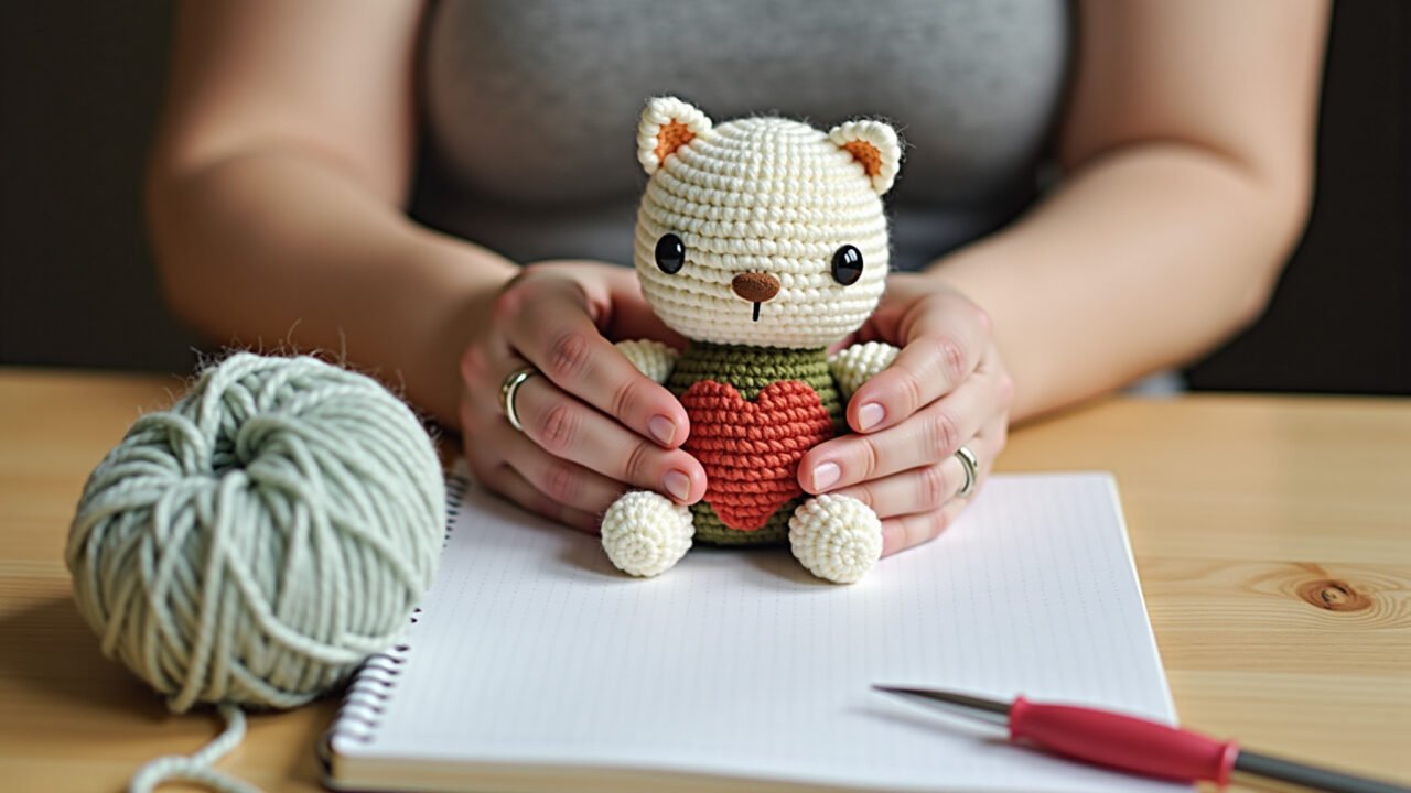 Lifestyle photography, beginner amigurumi artist, simple design, yarn, crochet hook, notebook, Iniciante criando amigurumi simples.