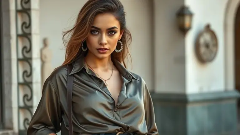Mulher brasileira elegante no Rio usando camisa de cetim com jeans e acessórios da moda.