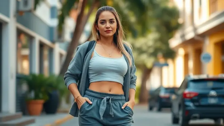 Mulher brasileira estilosa com calça jogger em cenário urbano vibrante.