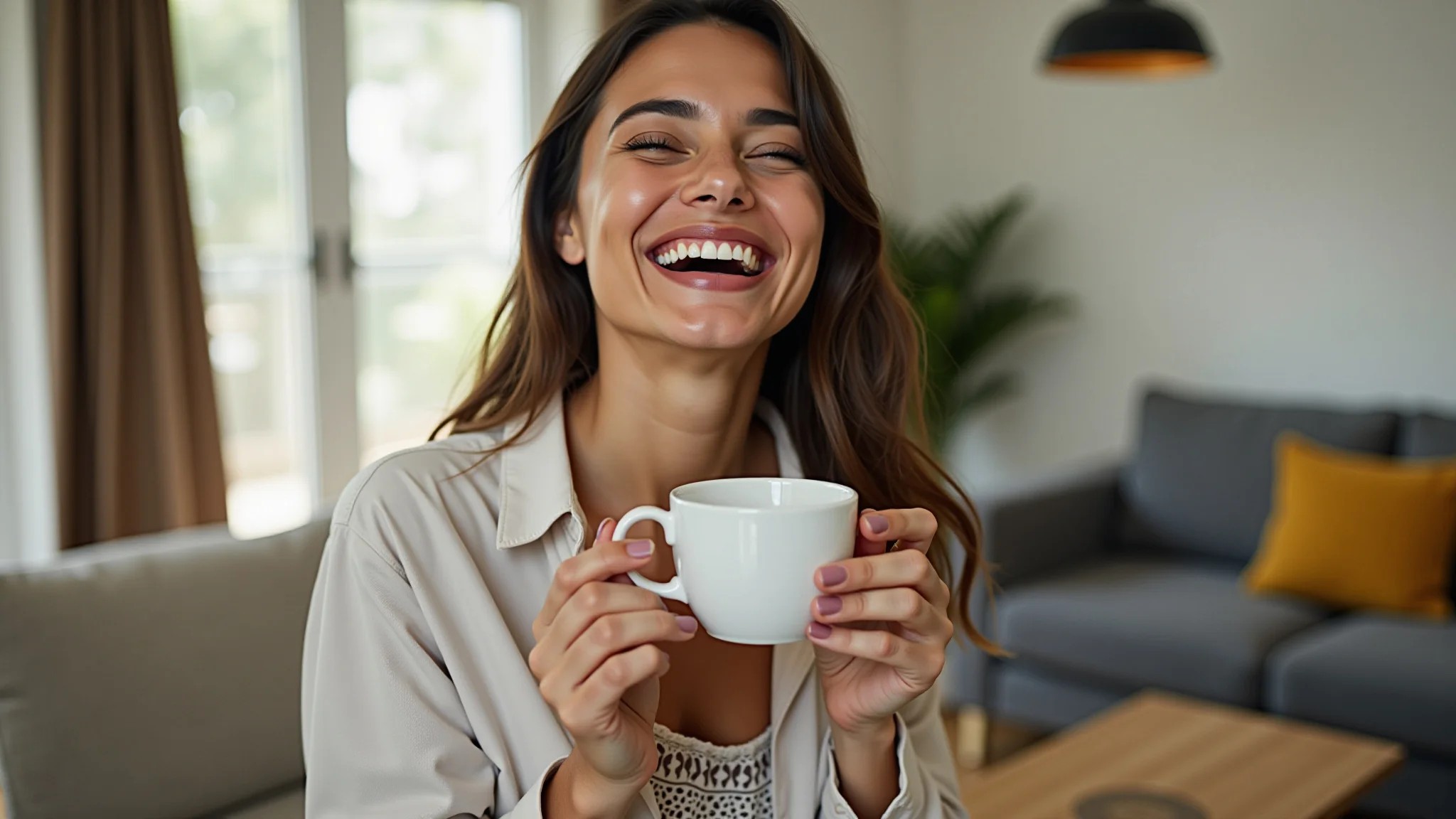 Mulher rindo em apartamento aconchegante com design brasileiro.