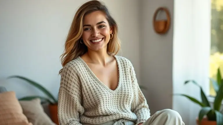 Mulher brasileira sorrindo, calça de linho, blusa de malha, estilo comfy chic.