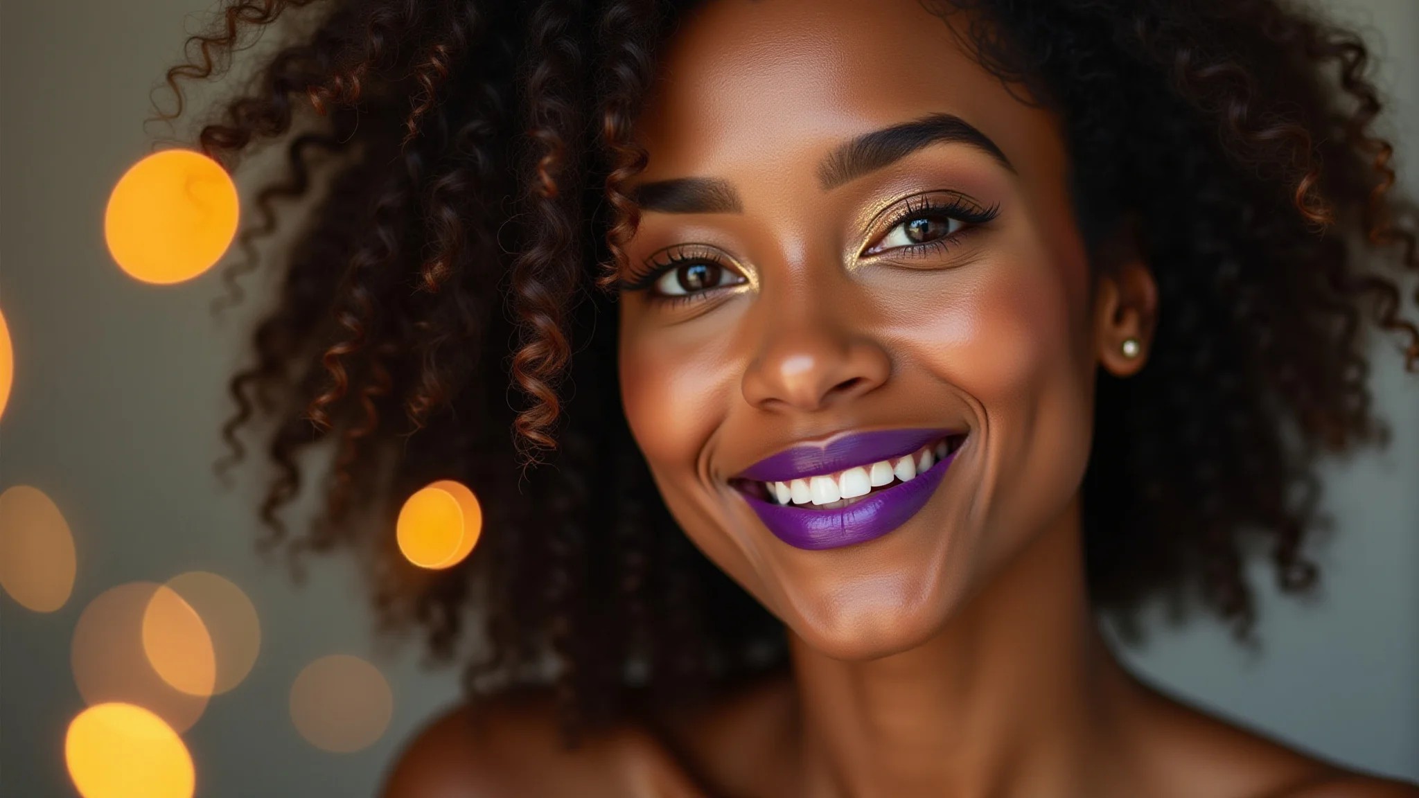 Mulher negra com batom roxo vibrante e maquiagem iluminada para o Réveillon.