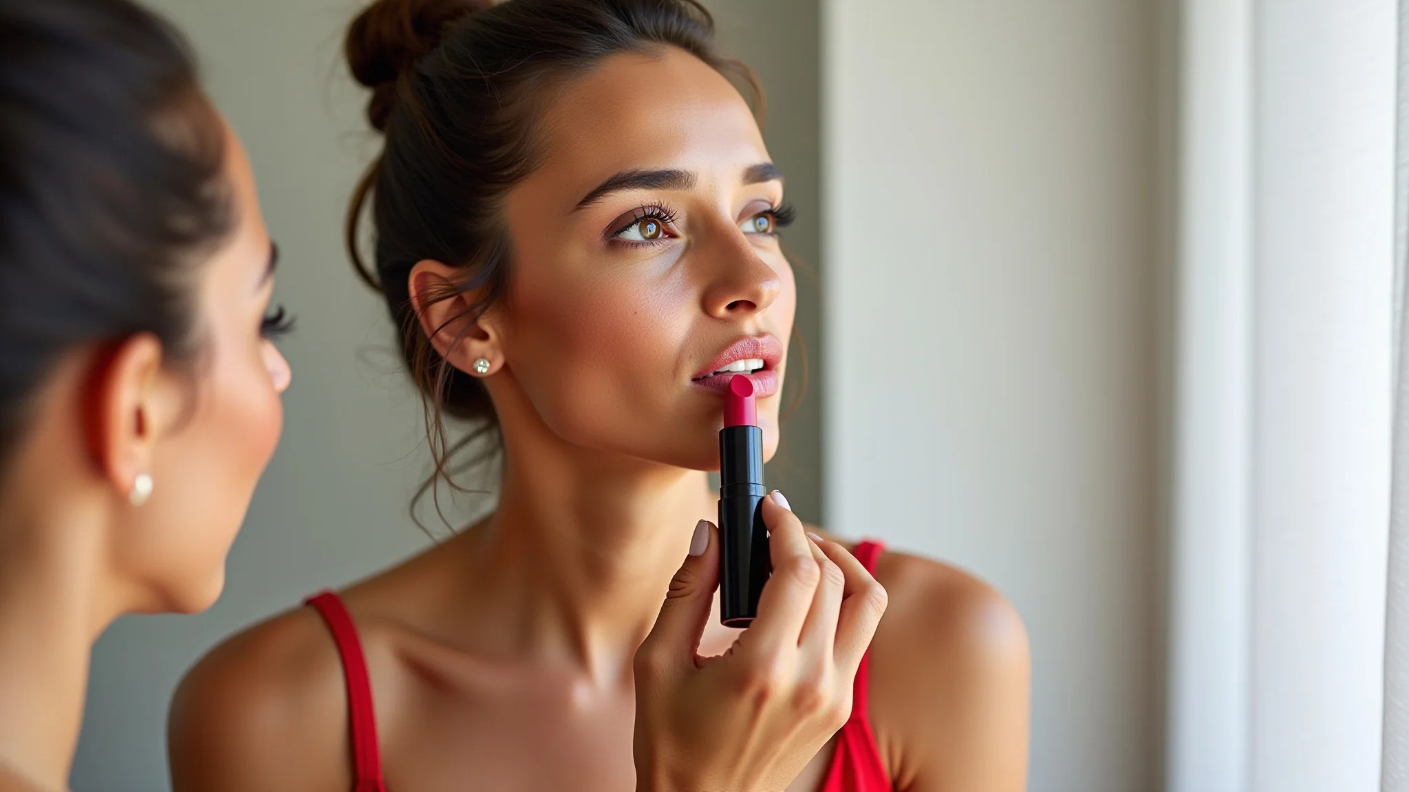 Brasileira de pele bronzeada aplicando batom rosa, vestindo vestido vermelho, luz natural, foco nítido.