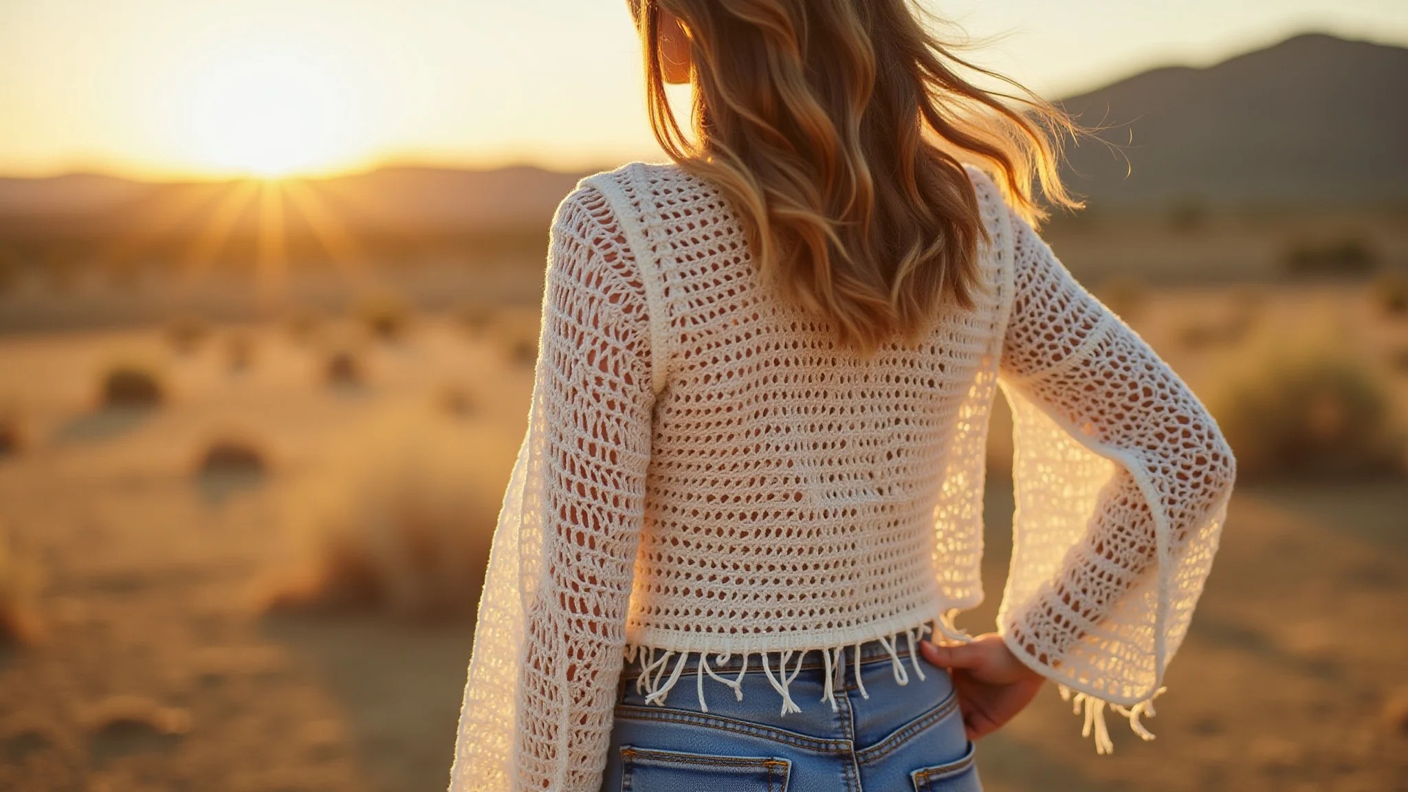 Blusa de crochê com franjas, estilo boho chic, combinada com shorts jeans.
