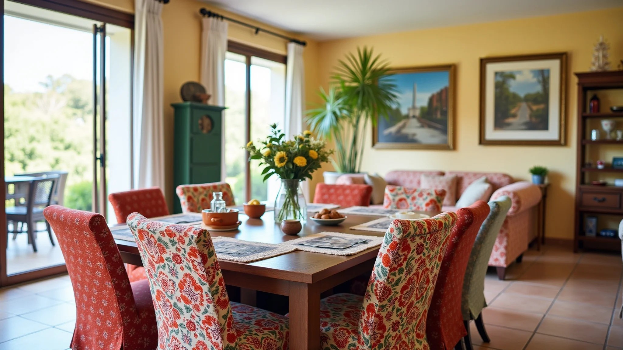 Sala de jantar com cadeiras revestidas em diferentes estampas vibrantes.