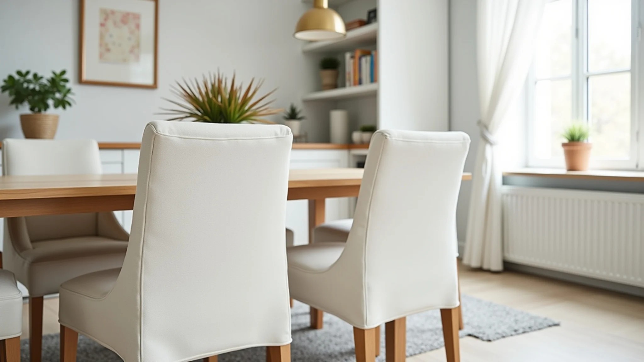 Sala de jantar com cadeiras revestidas em tecido de algodão branco.