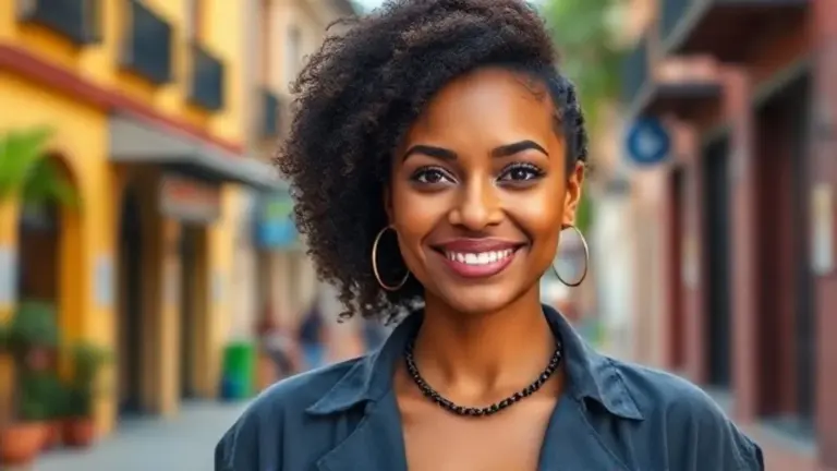 Mulher brasileira estilosa sorrindo em ambiente urbano vibrante.