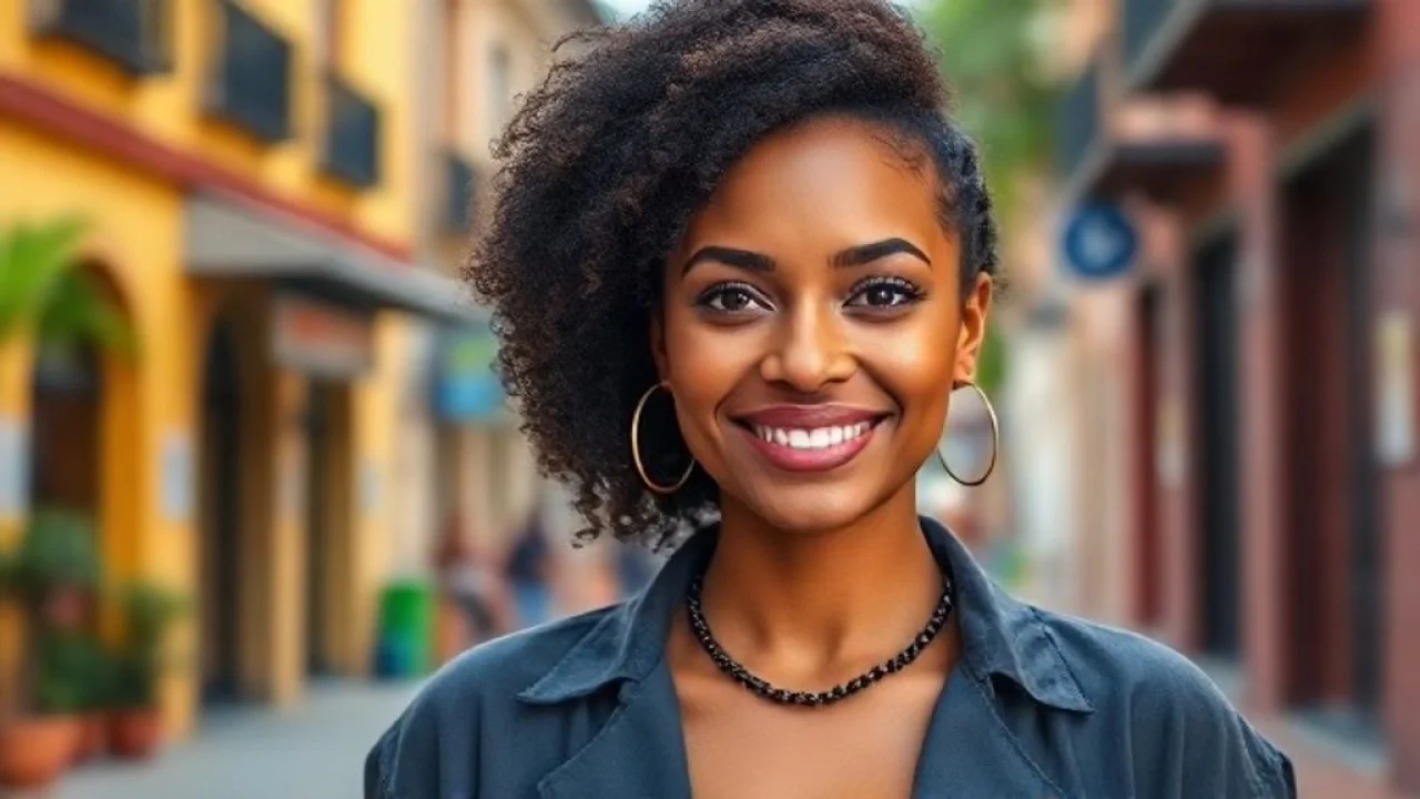 Mulher brasileira estilosa sorrindo em ambiente urbano vibrante.