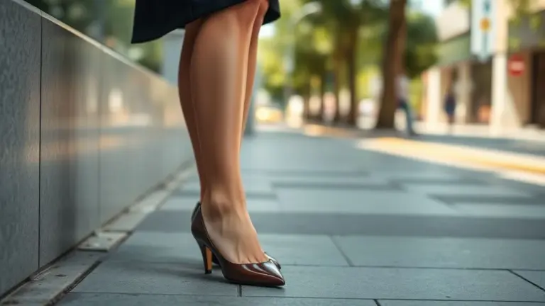 Mulher elegante com sapatilha de bico fino em cenário urbano brasileiro.