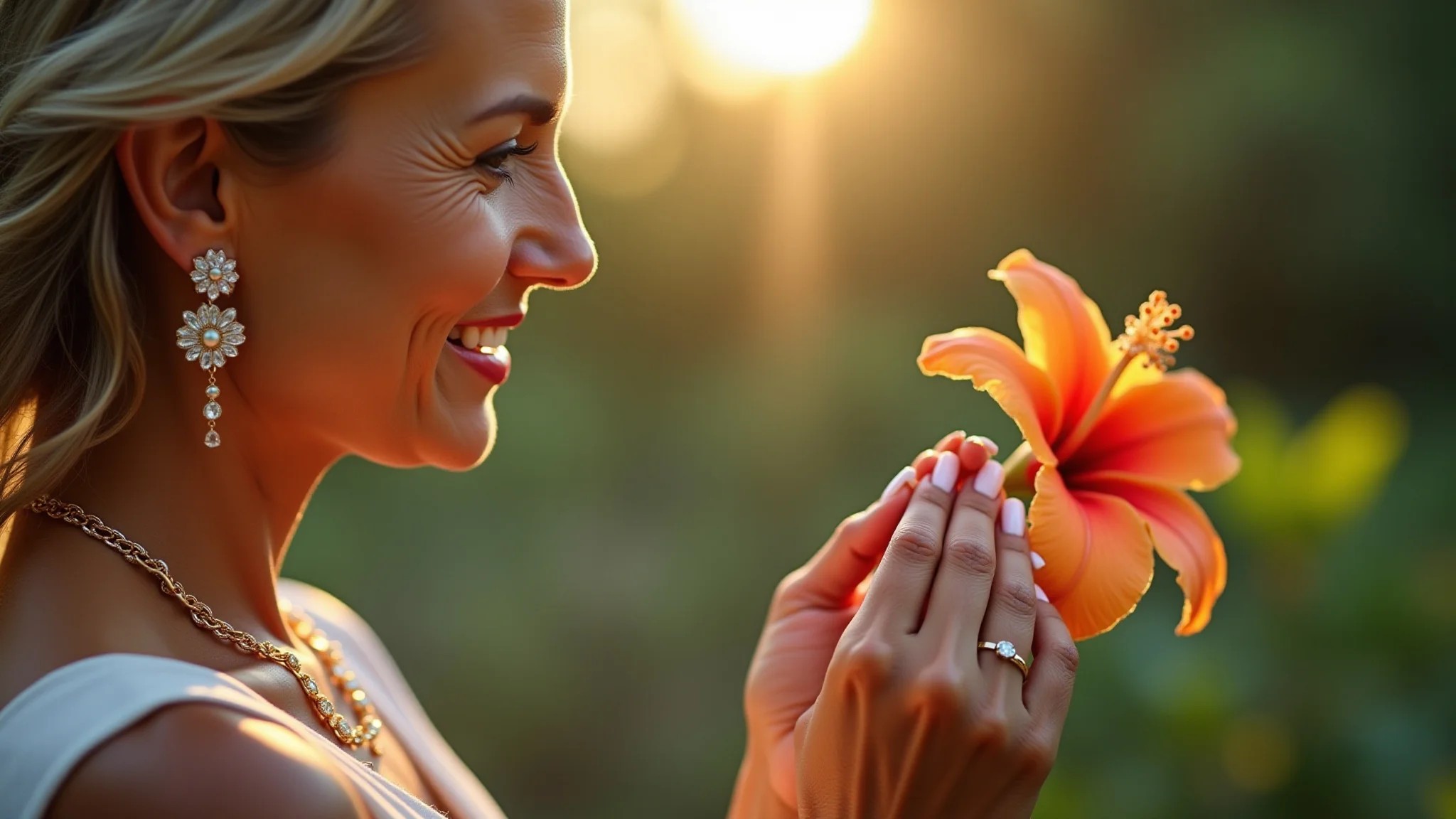 Mulher madura com unhas nude elegantes segurando flor tropical.