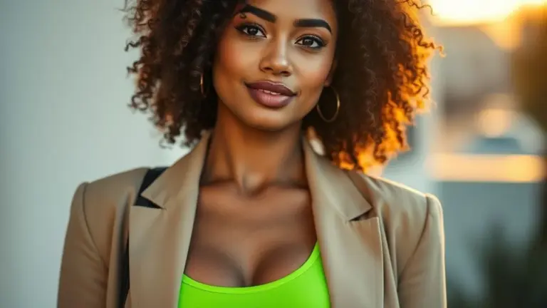 Mulher brasileira usando neon sutilmente com blazer neutro, look moderno e elegante.