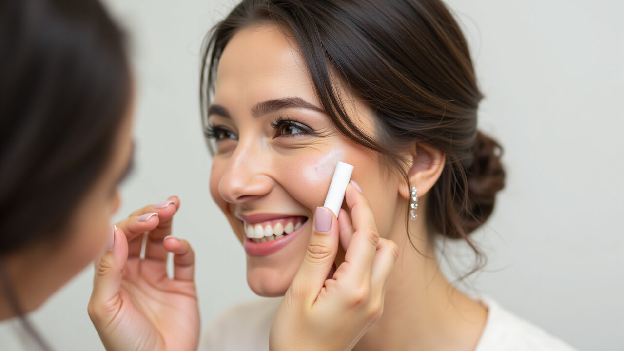 Lifestyle photography of a beautiful brunette bride applying primer on her face, preparing her skin Noiva morena preparando a pele para a maquiagem do casamento diurno.