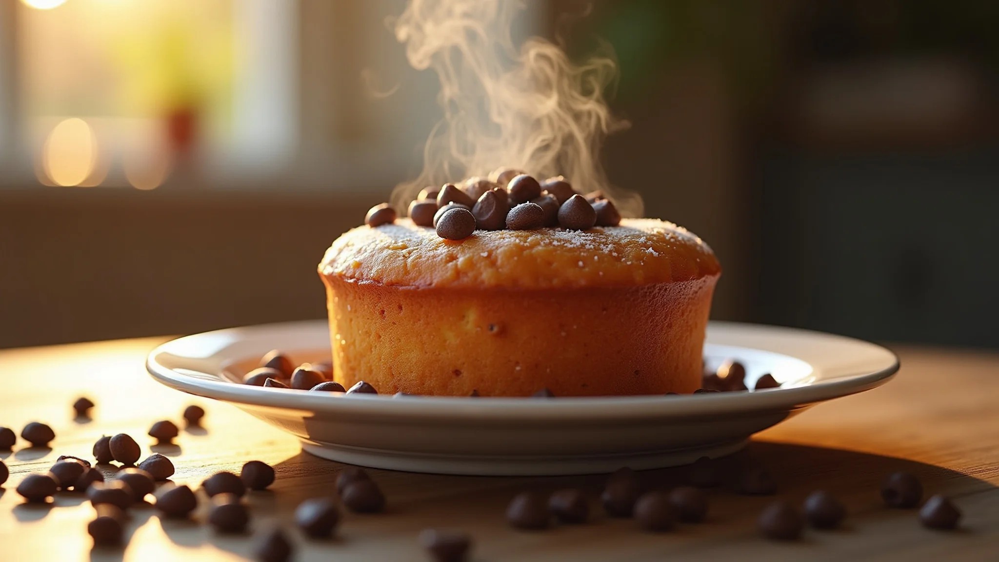 Bolo de caneca com gotas de chocolate fumegante sobre mesa de madeira.