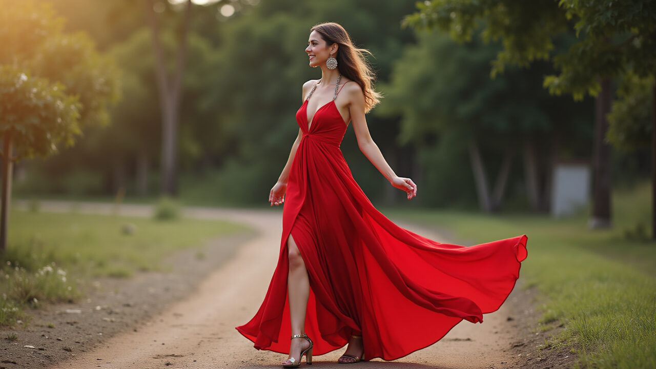 Mulher com vestido vermelho longo, sandália rasteirinha e acessórios boho.