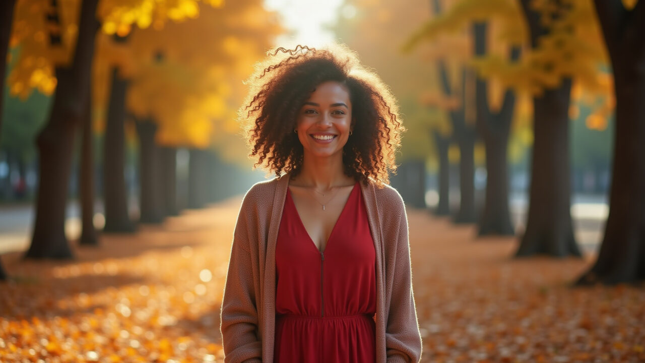 Mulher com vestido vermelho e cardigan em dia mais fresco.