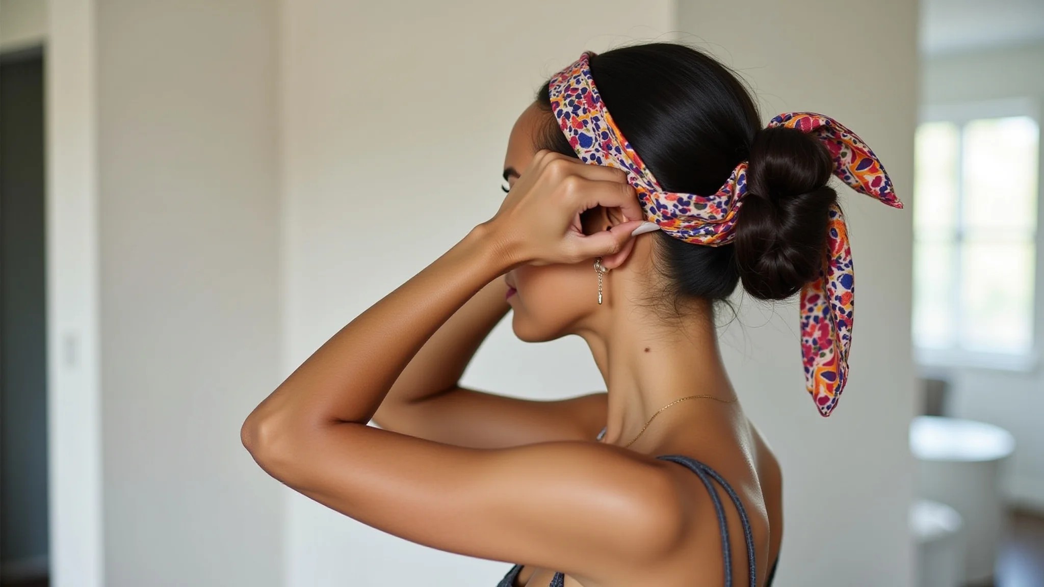 Mulher brasileira usando um lenço colorido para adicionar volume a um coque baixo para cabelos finos.