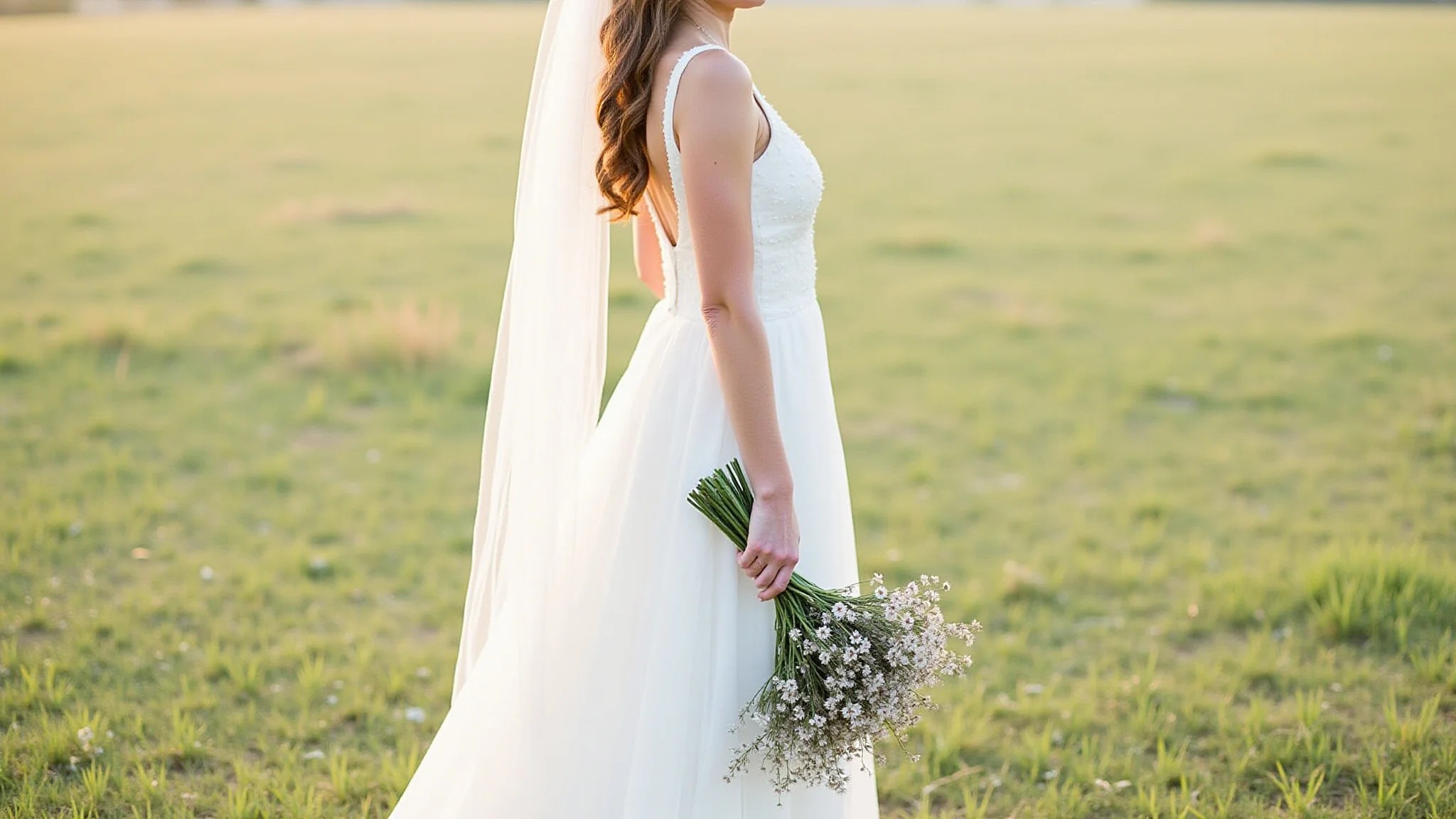 Noiva com vestido branco simples e buquê de flores silvestres em casamento civil.