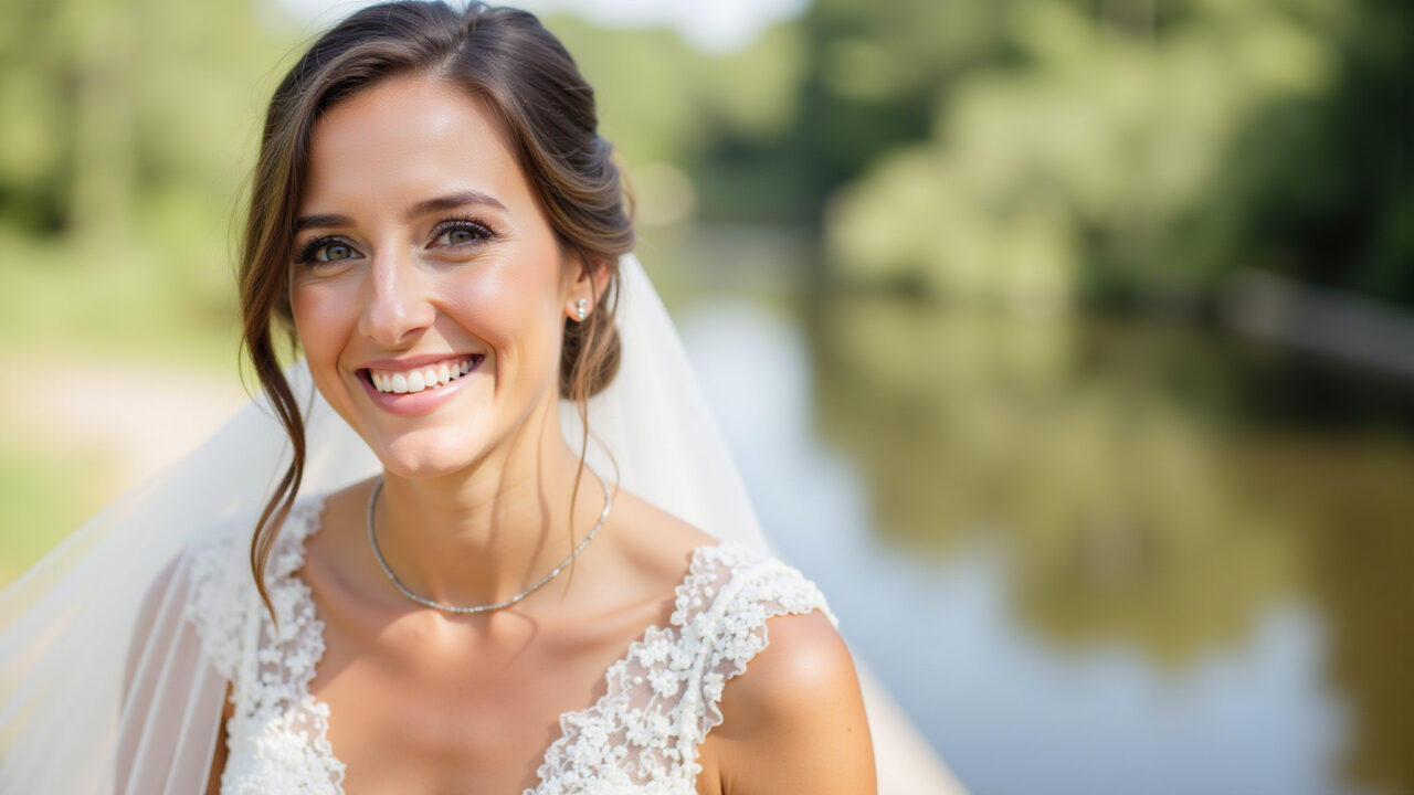 Lifestyle photography of a bride with rosy blush, natural lighting, 8K quality, sharp focus, Noiva com blush rosado para maquiagem de dia.