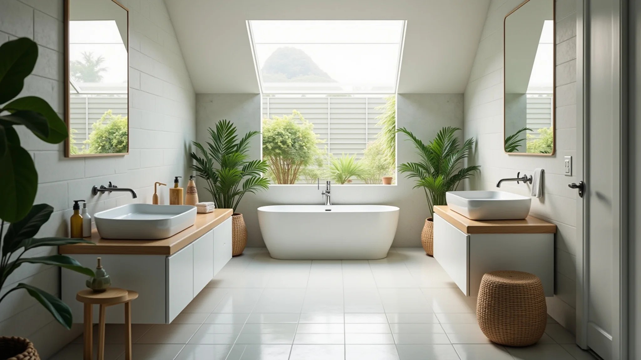 Banheiro iluminado com claraboia e decoração com plantas.