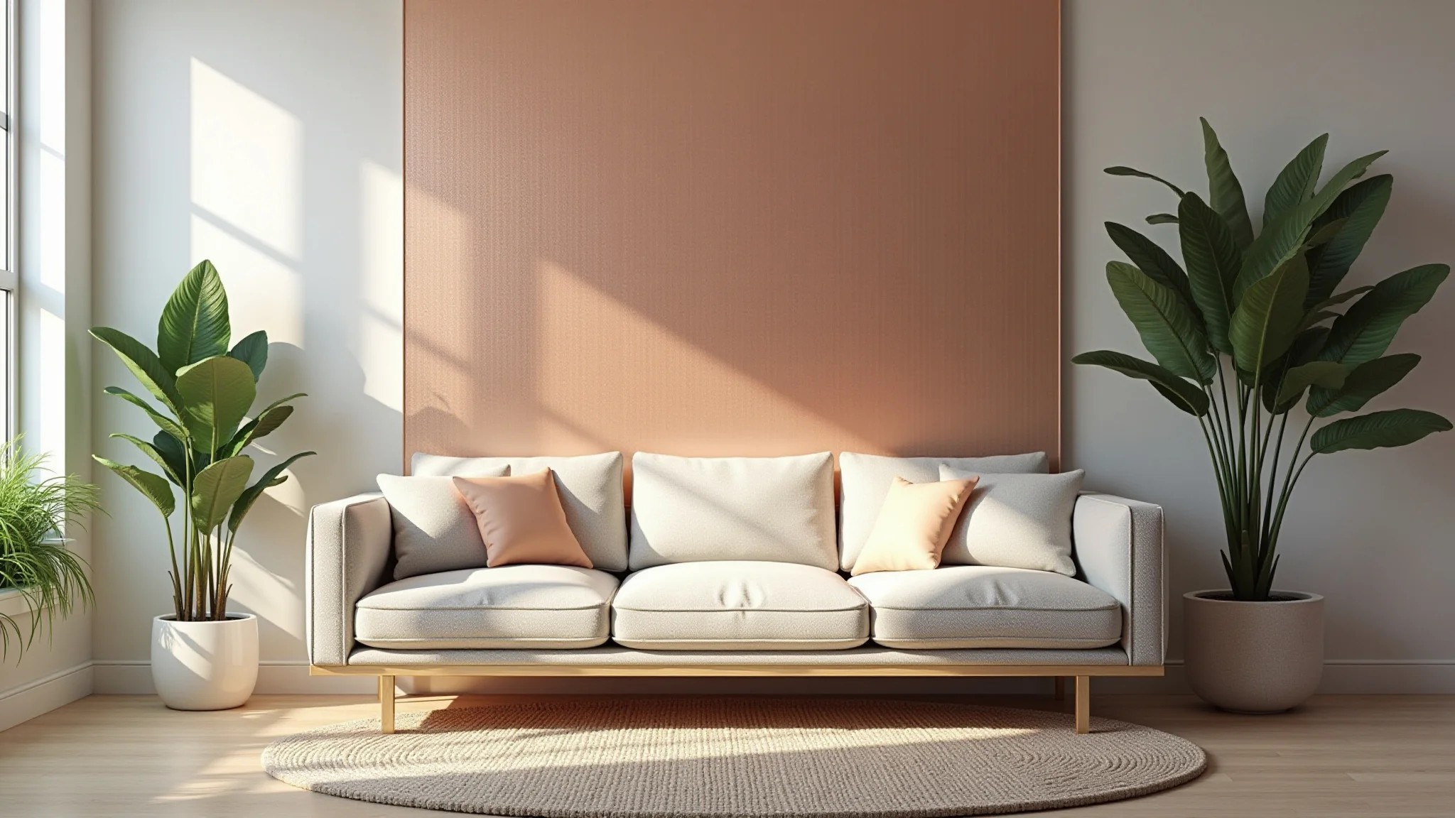 Sala de estar iluminada com parede de destaque em rose gold, design brasileiro e plantas.