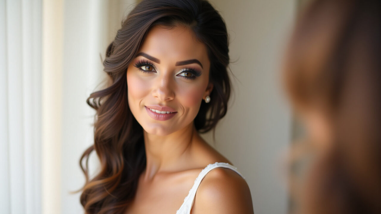 Lifestyle photography of a brunette bride with illuminated and natural eyes, earthy and rosy tones, Olhos iluminados e naturais para maquiagem de noiva morena diurna.