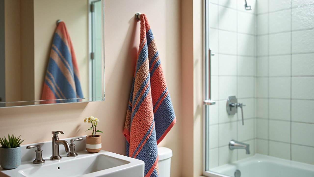 Lifestyle photography of a colorful macrame towel hanging in a modern bathroom, vibrant colors, Toalha de macramê colorida pendurada em um banheiro moderno.