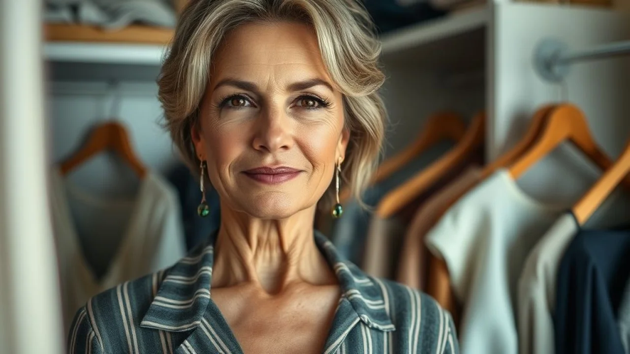 Mulher madura brasileira confiante experimentando roupas em seu closet estiloso.