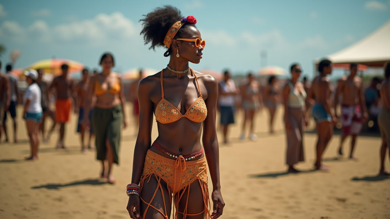Mulher confiante usando calças de macramê em festival de música em Pernambuco.