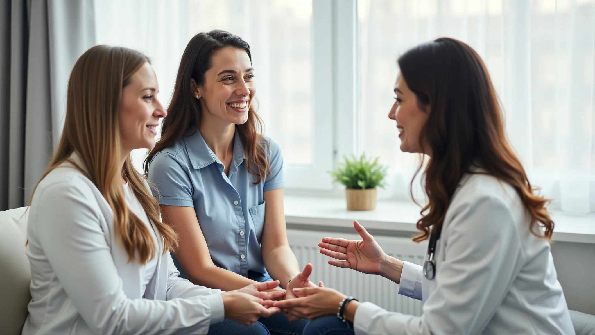 Casal conversando com médico sobre opções de fertilidade, clínica moderna.