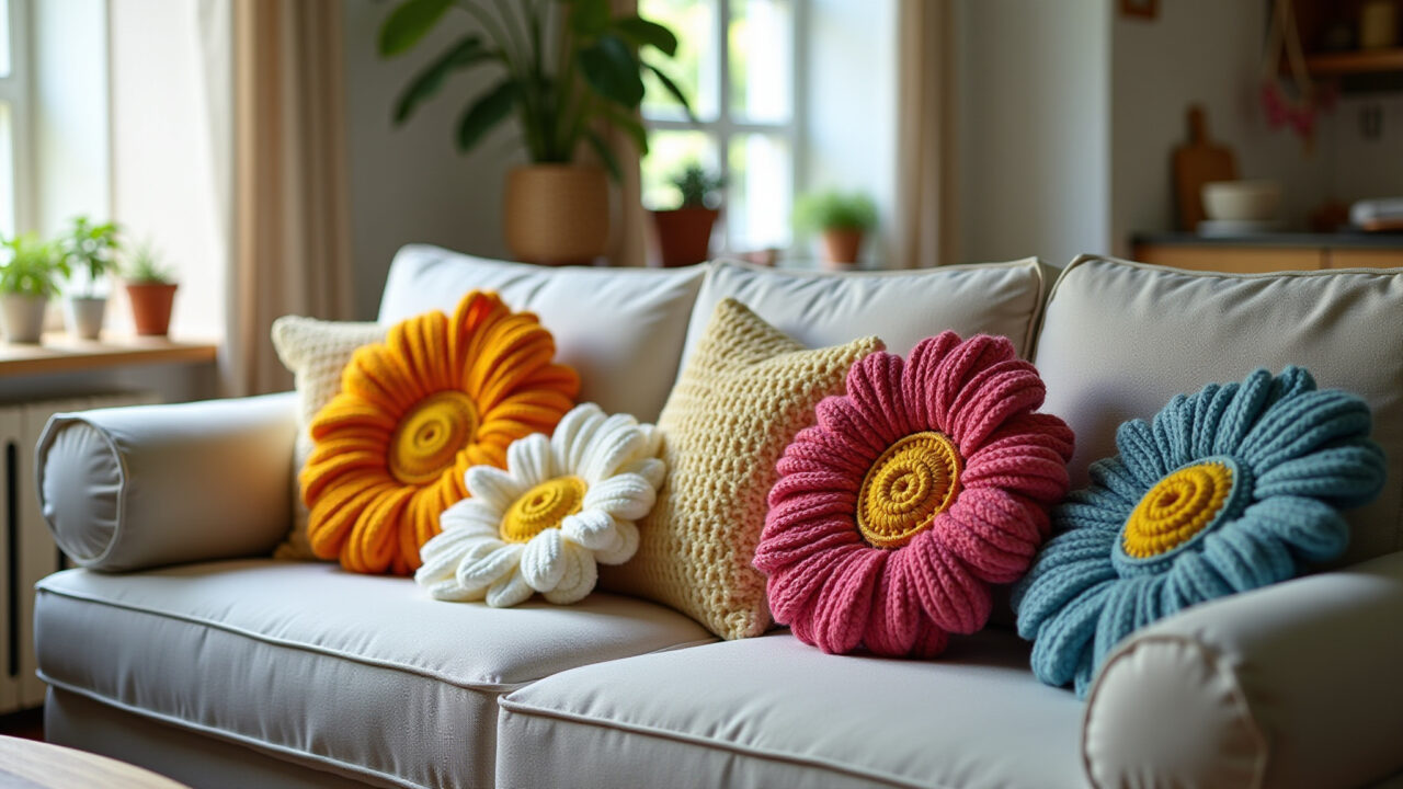 Lifestyle photography of a cozy living room with colorful crocheted daisy pillows on a sofa, Sala aconchegante com almofadas de margaridas de crochê.