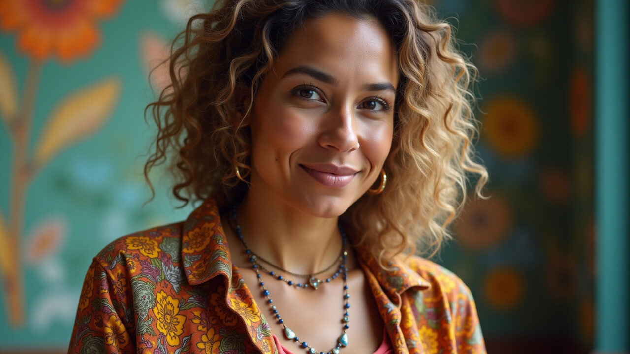 Lifestyle photography of a creative woman mixing vibrant prints and textures, 8K quality, sharp Mulher criativa misturando estampas e texturas vibrantes.