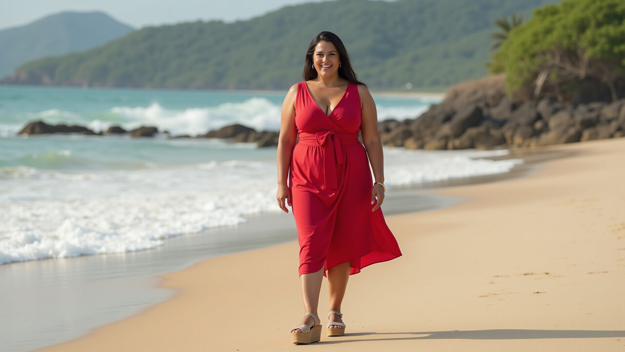 Mulher plus size com vestido midi vermelho e amarração na praia da Bahia.