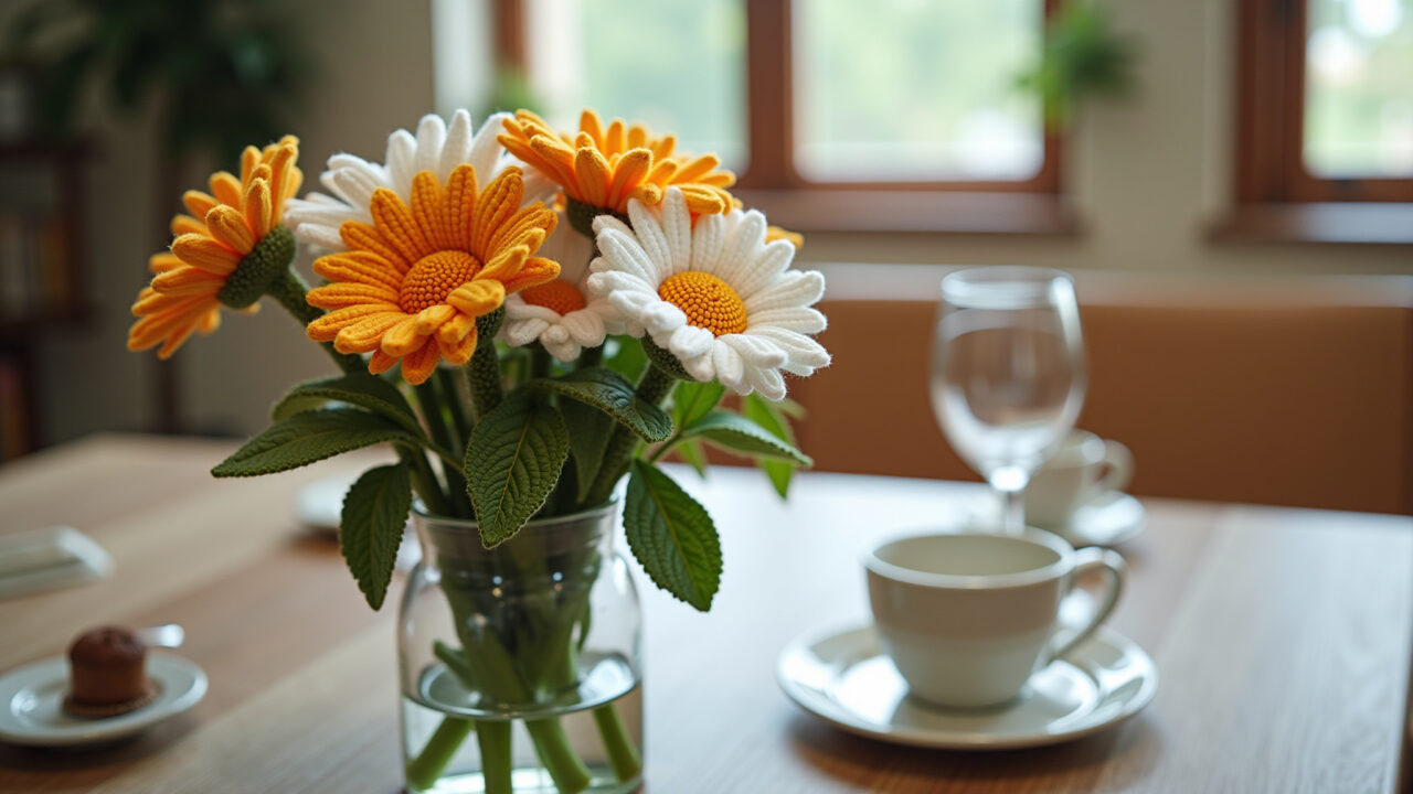 Lifestyle photography of a dining table centerpiece with crocheted daisy flowers in a vase, elegant Centro de mesa com flores margaridas de crochê em vaso.