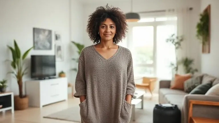 Mulher brasileira vestindo vestido de malha confortável em apartamento arejado com decoração brasileira.