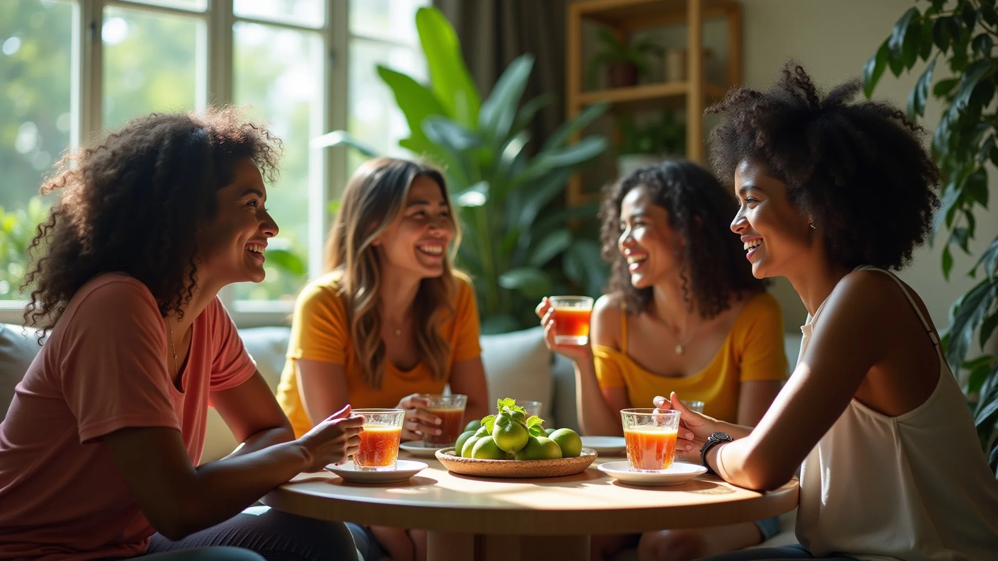 Mulheres brasileiras diversas bebendo chá de folha de goiaba juntas.