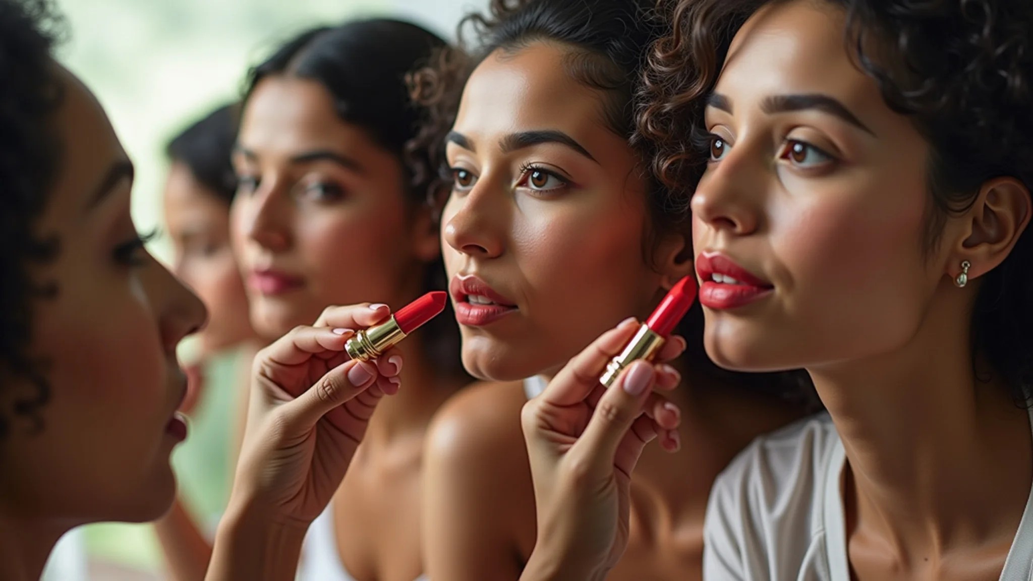 Grupo diverso de brasileiras aplicando diferentes tons de batom vermelho.