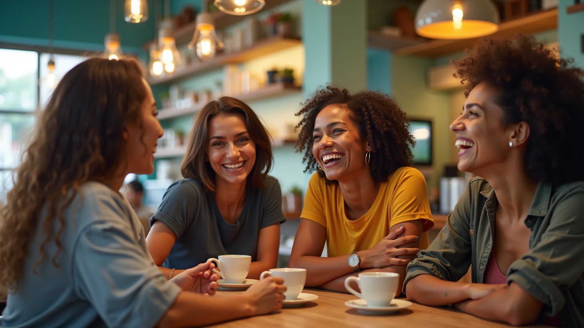 Grupo diverso de amigos brasileiros aproveitando café em um café vibrante.
