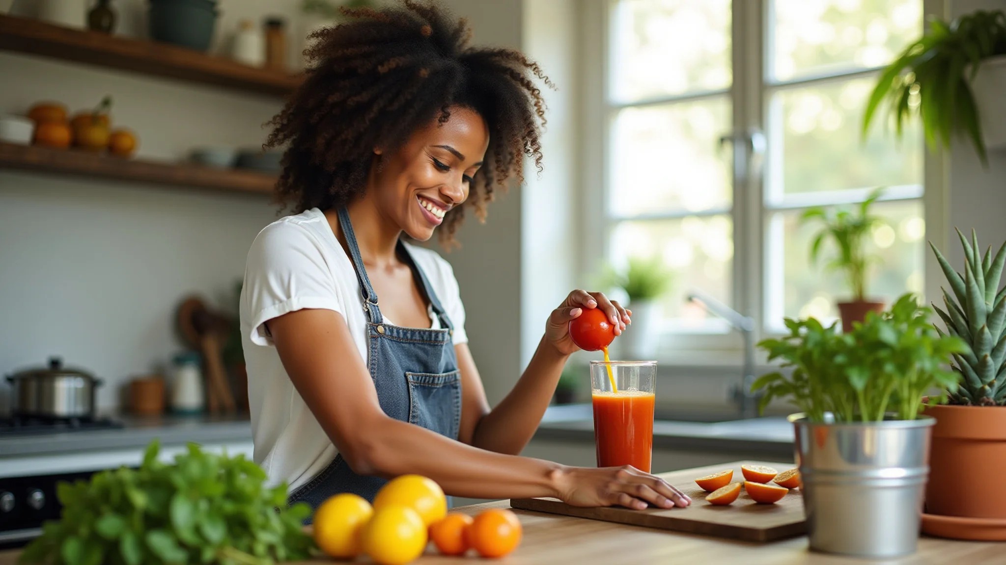 Mulher diversa preparando suco detox em cozinha brasileira colorida, estilo de vida saudável.